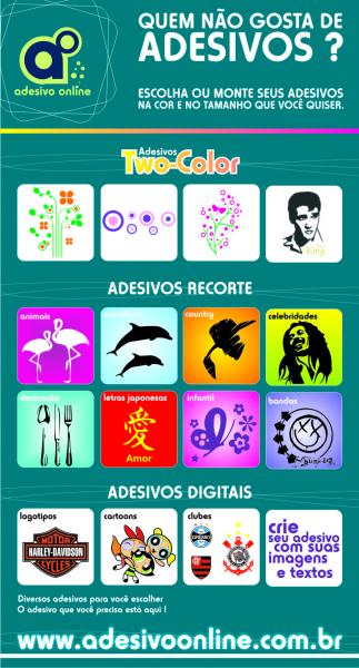 Adesivo Online  uma loja virtual de adesivos onde voc encontra diversas opes, desde decorao  esportes radicais. Voc tambm pode criar seus adesivos apartir de suas prprias imagens.

Entre e confira: www.adesivoonline.com.br