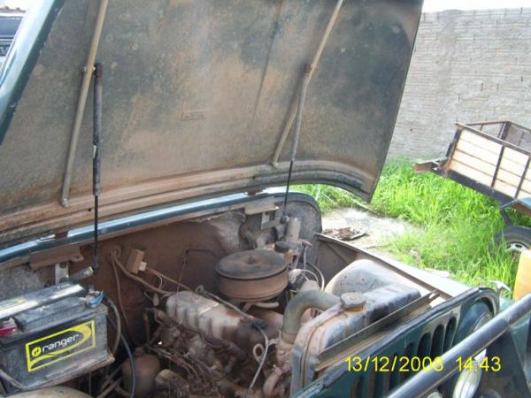 viso panormica do motor Isuzu c201 thermo king, kit cap-leve, presso para os plos da bateria de 70 Ah. ao fundo a carretinha, pois no cabe nada em willys ne!?