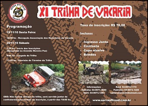 O jeep clube de vacaria convida os amigos para participarem  da XI trilha de Vacaria, a realizar-se no dia 20 de novembro de 2010. A recepo acontece a partir de sexta feira na associao dos motoristas, e as inscries na Dpaschoal, no sbado a partir das 7:30 hs.
Com trajeto completamente novo, apoio muito bem distribudo para receber os amigos.
Neste ano no serviremos almoo, e sim, ofereceremos um delicioso jantar de confraternizao ao final da trilha. 
Fica o convite e um grande abrao.
Grupo de jipeiros serra off Road, visitem o site para maiores informaes: www.serraoffroad.com.br
Vejam tambm: you tube trilha vacaria